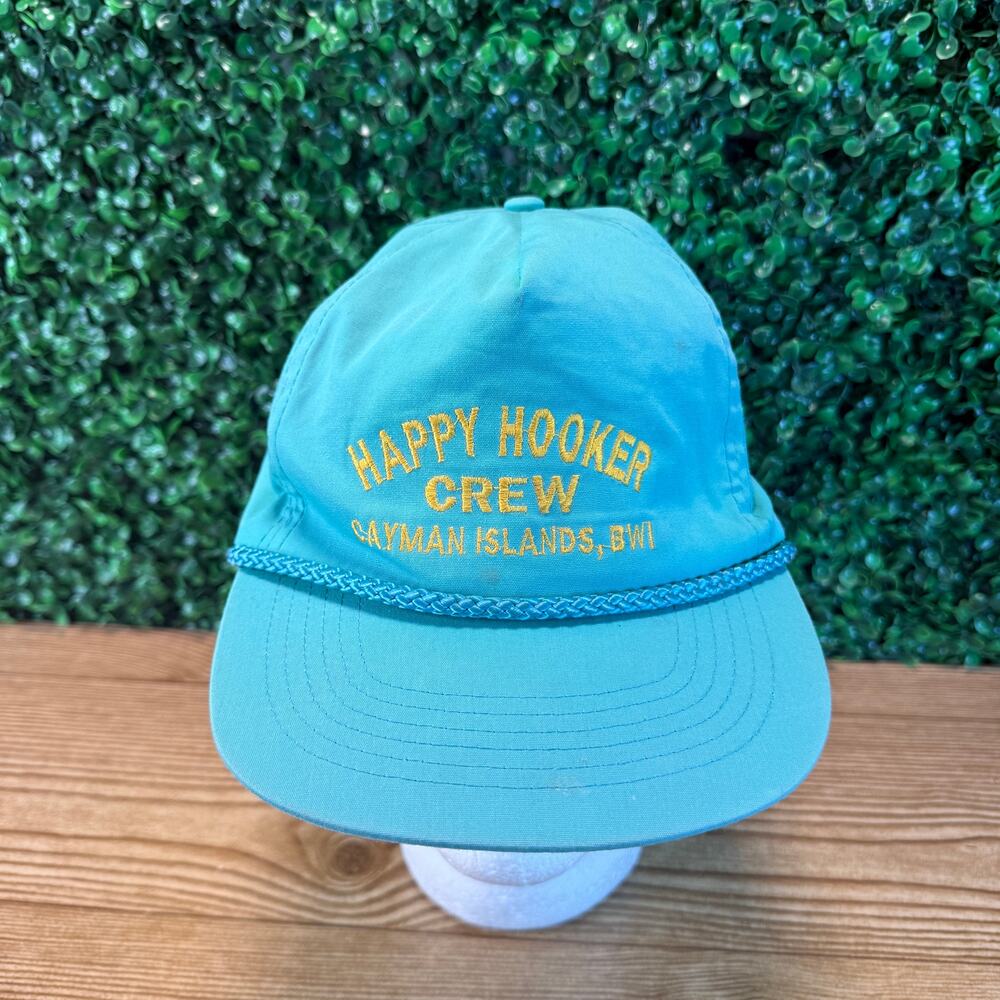 VTG Happy Hooker Crew Cayman Islands Zipper Strap Rope Green Teal Hat Cap